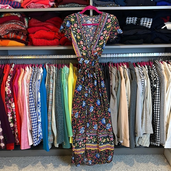 Unbranded navy with blue/red floral print short sleeve wrap maxi dress size S - Picture 1 of 3